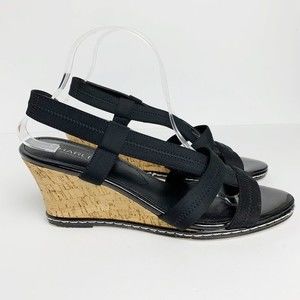 Charles David Size 11 Black Open Toe Slingback Hyper Cork Wedges